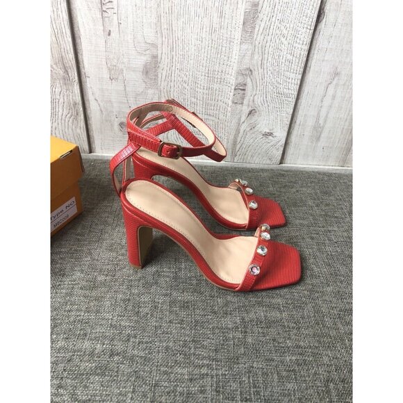 Womens Vetaste Red Chunky Sexy Ankle Strap Rhinestones Dress Heels Shoes Size 5 - Picture 2 of 8